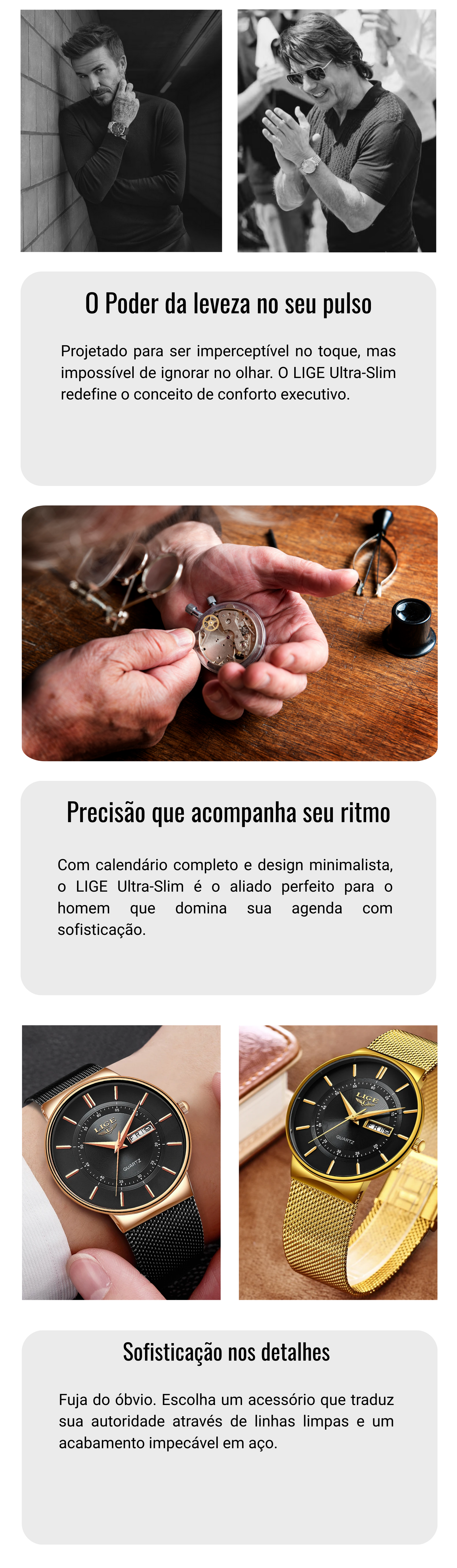 Relógio Executivo LIGE Ultra-Slim - Edição Minimalist Black & Gold